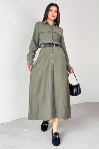 Cappmoda - ELB-8189 Haki Kemerli Cep Detaylı Düğmeli Elbise (1)