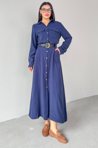 Cappmoda - ELB-8189 Lacivert Kemerli Cep Detaylı Düğmeli Elbise (1)