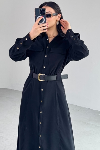 Cappmoda - ELB-8189 Siyah Kemerli Cep Detaylı Düğmeli Elbise (1)