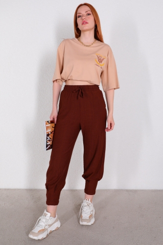 Cappmoda - PNT-07333 Kahverengi İpli Lastikli Pantolon (1)