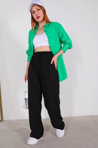 Cappmoda - PNT-07334 Siyah İpli Lastikli Salaş Pantolon (1)