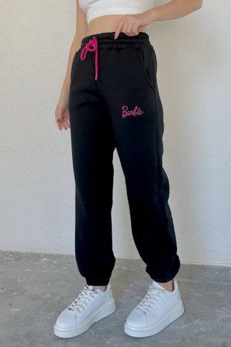 EŞF-09078 Siyah Barbie Nakışlı Renkli İpli Bel Lastikli Eşofman - Thumbnail