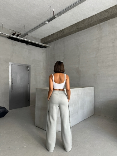 EŞF-09086 Boyama Gri Çıtçıtlı Üç İpli Şardonlu Bel Lastikli Palazzo Eşofman - 6