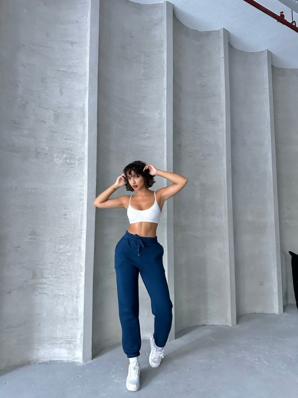 EŞF-09088 Lacivert Üç İplik Şardonlu Bel Lastikli Jogger Eşofman - 2