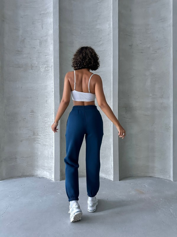 EŞF-09088 Lacivert Üç İplik Şardonlu Bel Lastikli Jogger Eşofman - 6