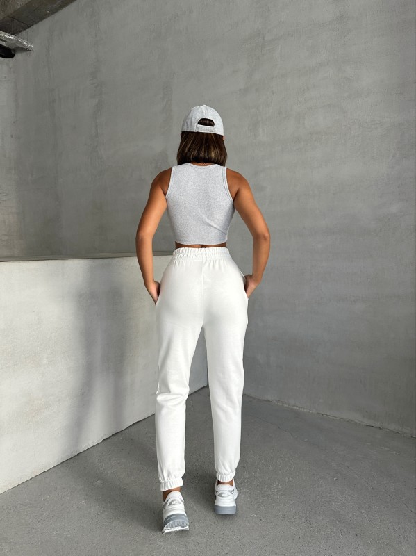 EŞF-09089 Beyaz Etiket Detaylı İki İplik Çimalı Şardonlu Mevsimlik Kumaş Jogger Eşofman - 6