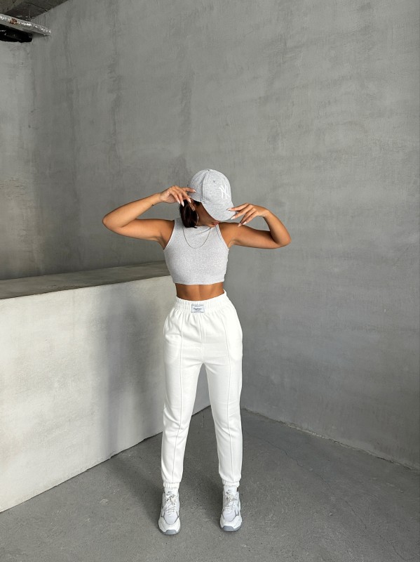 EŞF-09089 Beyaz Etiket Detaylı İki İplik Çimalı Şardonlu Mevsimlik Kumaş Jogger Eşofman - 4
