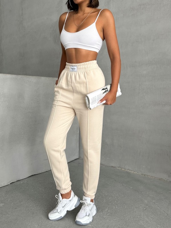 EŞF-09089 Ekru Etiket Detaylı İki İplik Çimalı Şardonlu Mevsimlik Kumaş Jogger Eşofman - 4
