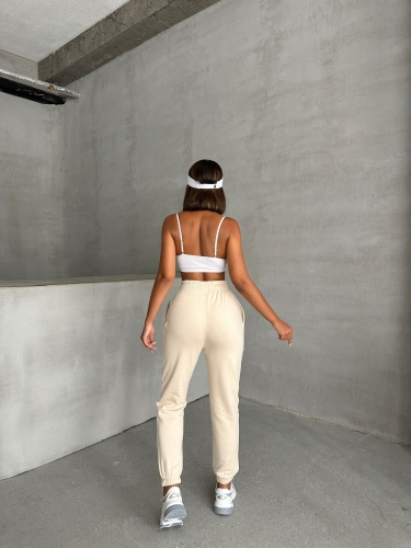 EŞF-09089 Ekru Etiket Detaylı İki İplik Çimalı Şardonlu Mevsimlik Kumaş Jogger Eşofman - 6