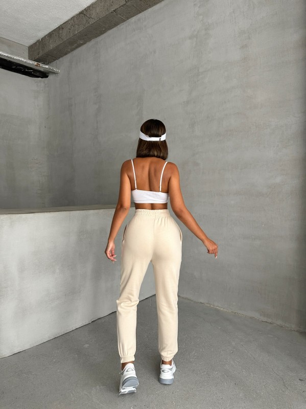 EŞF-09089 Ekru Etiket Detaylı İki İplik Çimalı Şardonlu Mevsimlik Kumaş Jogger Eşofman - 6