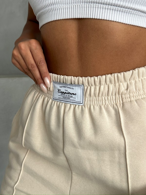 EŞF-09089 Ekru Etiket Detaylı İki İplik Çimalı Şardonlu Mevsimlik Kumaş Jogger Eşofman - 2