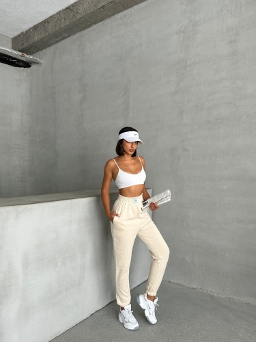 EŞF-09089 Ekru Etiket Detaylı İki İplik Çimalı Şardonlu Mevsimlik Kumaş Jogger Eşofman - 3