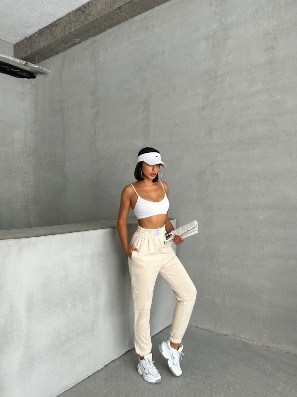 EŞF-09089 Ekru Etiket Detaylı İki İplik Çimalı Şardonlu Mevsimlik Kumaş Jogger Eşofman - 3