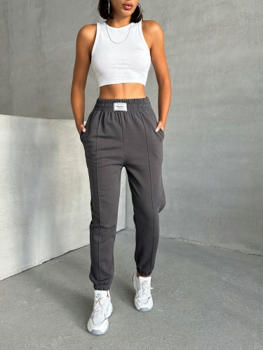 EŞF-09089 Füme Etiket Detaylı İki İplik Çimalı Şardonlu Mevsimlik Kumaş Jogger Eşofman 
