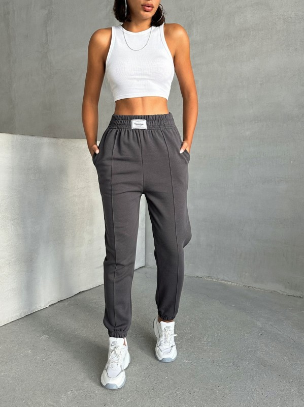 EŞF-09089 Füme Etiket Detaylı İki İplik Çimalı Şardonlu Mevsimlik Kumaş Jogger Eşofman - 1