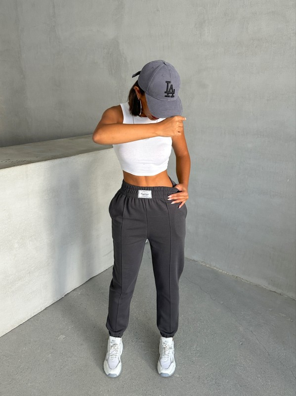 EŞF-09089 Füme Etiket Detaylı İki İplik Çimalı Şardonlu Mevsimlik Kumaş Jogger Eşofman - 3