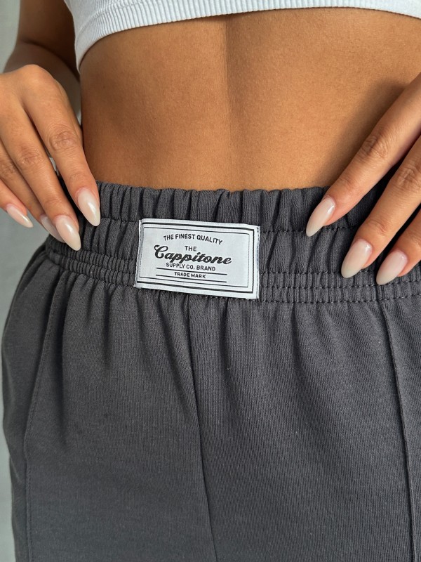 EŞF-09089 Füme Etiket Detaylı İki İplik Çimalı Şardonlu Mevsimlik Kumaş Jogger Eşofman - 2