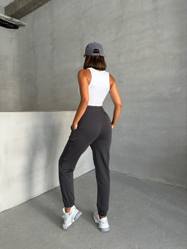 EŞF-09089 Füme Etiket Detaylı İki İplik Çimalı Şardonlu Mevsimlik Kumaş Jogger Eşofman - 8