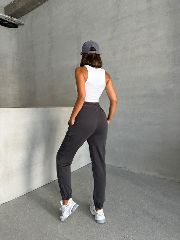 EŞF-09089 Füme Etiket Detaylı İki İplik Çimalı Şardonlu Mevsimlik Kumaş Jogger Eşofman - 8