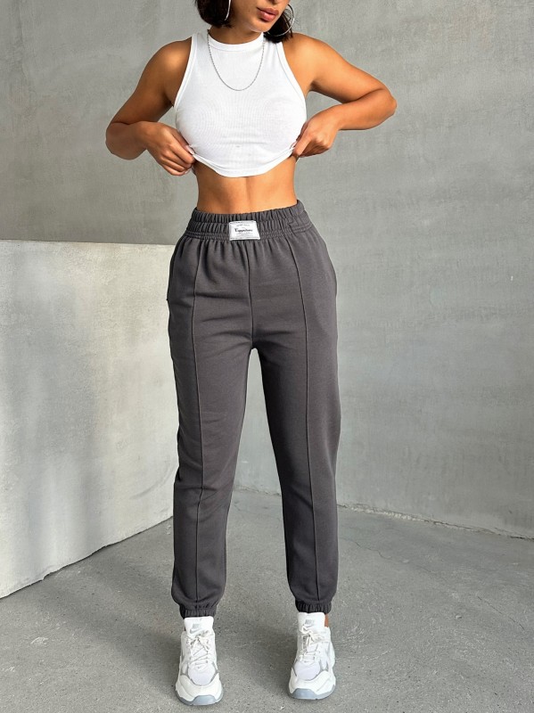 EŞF-09089 Füme Etiket Detaylı İki İplik Çimalı Şardonlu Mevsimlik Kumaş Jogger Eşofman - 5