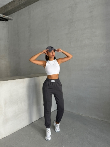EŞF-09089 Füme Etiket Detaylı İki İplik Çimalı Şardonlu Mevsimlik Kumaş Jogger Eşofman - 6