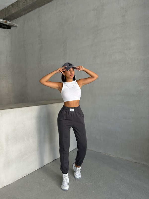 EŞF-09089 Füme Etiket Detaylı İki İplik Çimalı Şardonlu Mevsimlik Kumaş Jogger Eşofman - 6