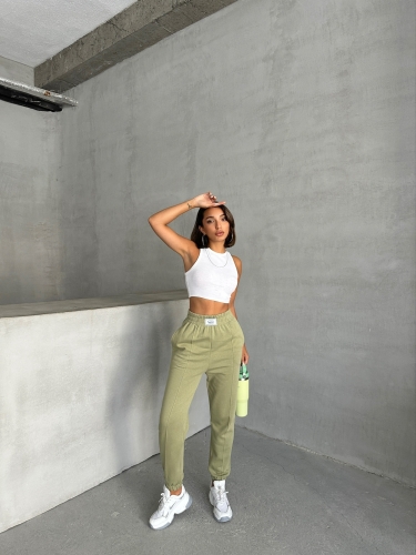 EŞF-09089 Haki Etiket Detaylı İki İplik Çimalı Şardonlu Mevsimlik Kumaş Jogger Eşofman - 2
