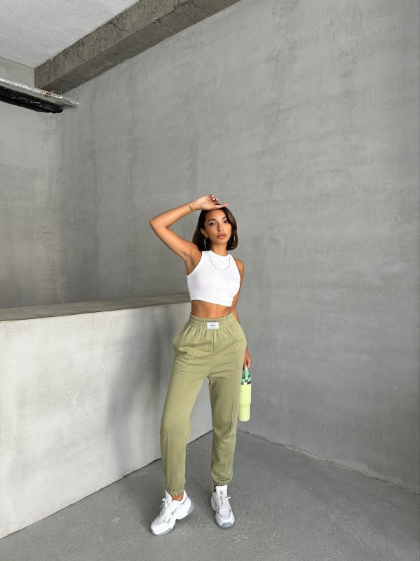 EŞF-09089 Haki Etiket Detaylı İki İplik Çimalı Şardonlu Mevsimlik Kumaş Jogger Eşofman - 2