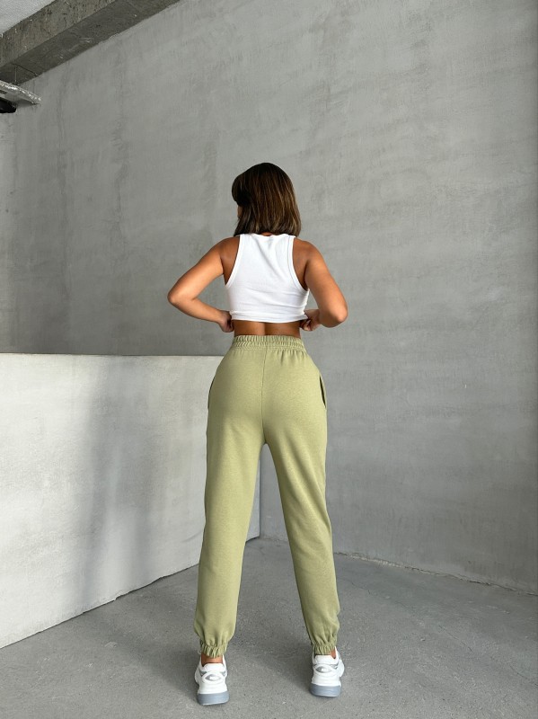 EŞF-09089 Haki Etiket Detaylı İki İplik Çimalı Şardonlu Mevsimlik Kumaş Jogger Eşofman - 6