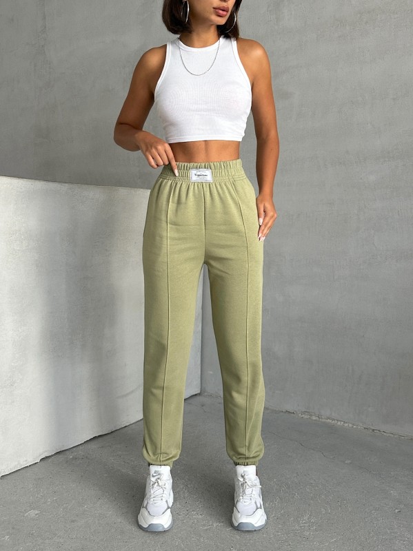 EŞF-09089 Haki Etiket Detaylı İki İplik Çimalı Şardonlu Mevsimlik Kumaş Jogger Eşofman - 1