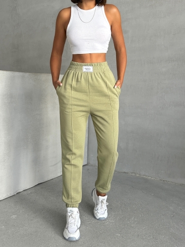 EŞF-09089 Haki Etiket Detaylı İki İplik Çimalı Şardonlu Mevsimlik Kumaş Jogger Eşofman - 4