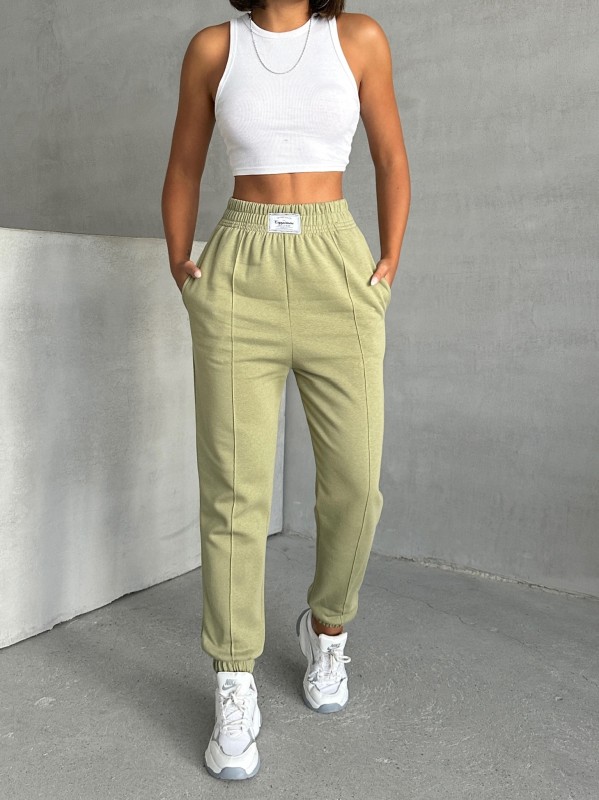 EŞF-09089 Haki Etiket Detaylı İki İplik Çimalı Şardonlu Mevsimlik Kumaş Jogger Eşofman - 4