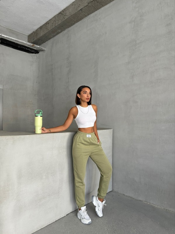 EŞF-09089 Haki Etiket Detaylı İki İplik Çimalı Şardonlu Mevsimlik Kumaş Jogger Eşofman - 5