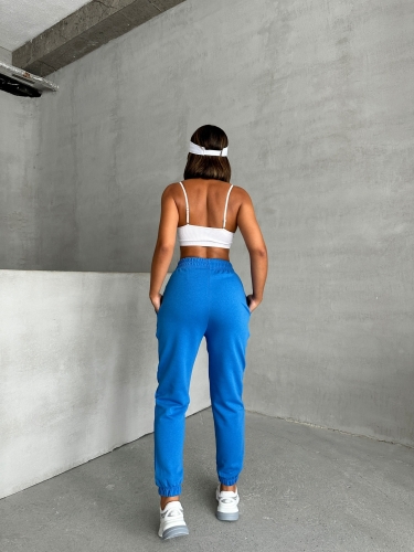 EŞF-09089 Mavi Etiket Detaylı İki İplik Çimalı Şardonlu Mevsimlik Kumaş Jogger Eşofman - Thumbnail