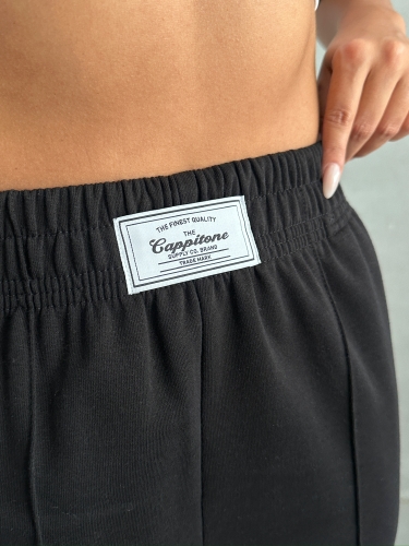 EŞF-09089 Siyah Etiket Detaylı İki İplik Çimalı Şardonlu Mevsimlik Kumaş Jogger Eşofman - 2