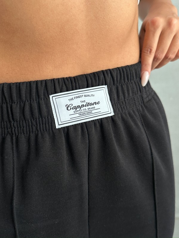 EŞF-09089 Siyah Etiket Detaylı İki İplik Çimalı Şardonlu Mevsimlik Kumaş Jogger Eşofman - 2