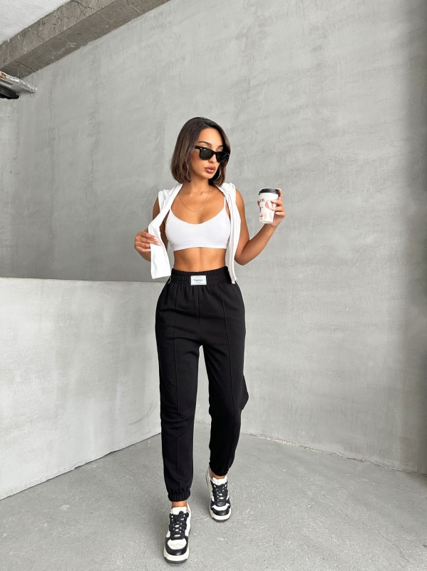 EŞF-09089 Siyah Etiket Detaylı İki İplik Çimalı Şardonlu Mevsimlik Kumaş Jogger Eşofman - 3