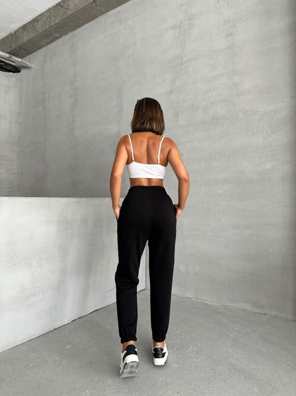EŞF-09089 Siyah Etiket Detaylı İki İplik Çimalı Şardonlu Mevsimlik Kumaş Jogger Eşofman - 6