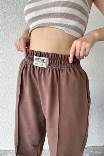 Cappmoda - EŞF-9083 Kahverengi Çimalı Capp Studio Etiketli Bel Lastikli İki İplik Jogger Eşofman (1)