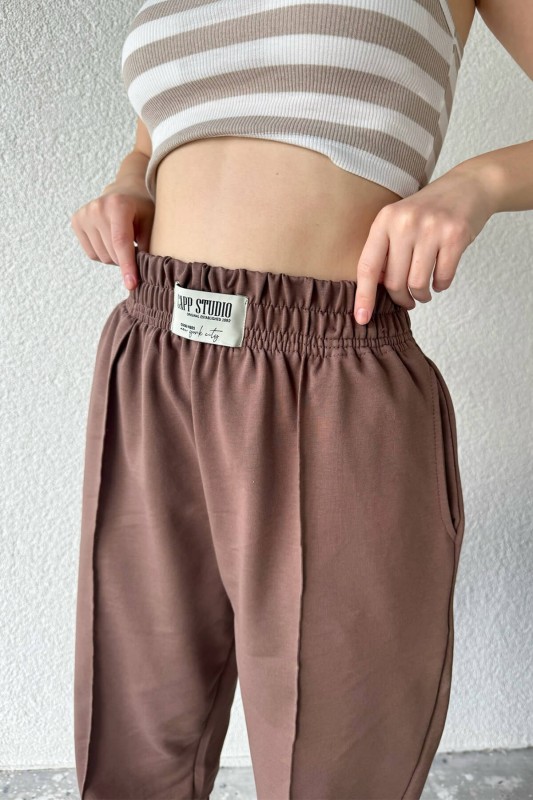 EŞF-9083 Kahverengi Çimalı Capp Studio Etiketli Bel Lastikli İki İplik Jogger Eşofman - 2