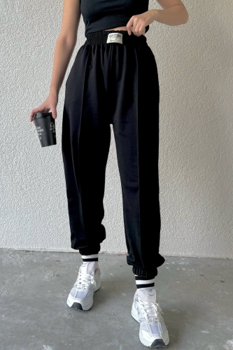 EŞF-9083 Siyah Çimalı Capp Studio Etiketli Bel lastikli İki İplik Jogger Eşofman 