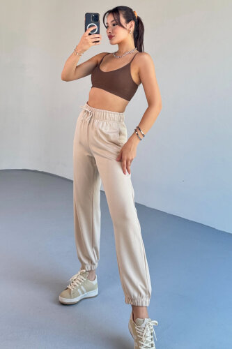 EŞF0010 Taş Rengi Modal Kumaş Paça Lastikli Jogger Eşofman Altı - 4