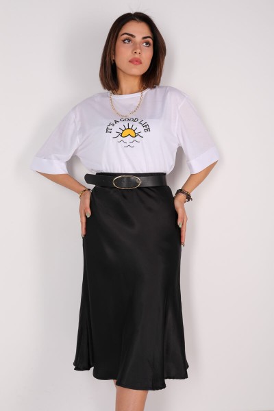 ETK-02227 Siyah Saten Kumaş A Kesim Midi Boy Etek