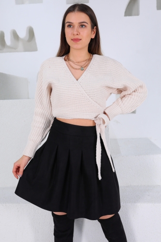 Cappmoda - ETK-02275 Siyah Pileli Süet Kumaş Mini Etek (1)