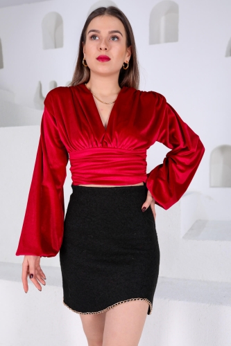 Cappmoda - ETK-02276 Siyah Yırtmaç Zincir Detaylı Kaşe Mini Etek (1)