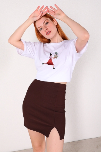 Cappmoda - ETK-02278 Kahverengi Yırtmaç Detaylı Triko Mini Etek (1)