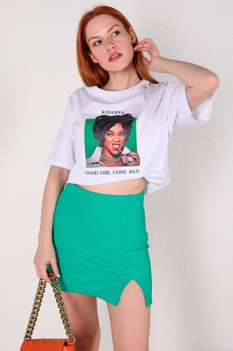 Cappmoda - ETK-02278 Yeşil Yırtmaç Detaylı Triko Mini Etek (1)