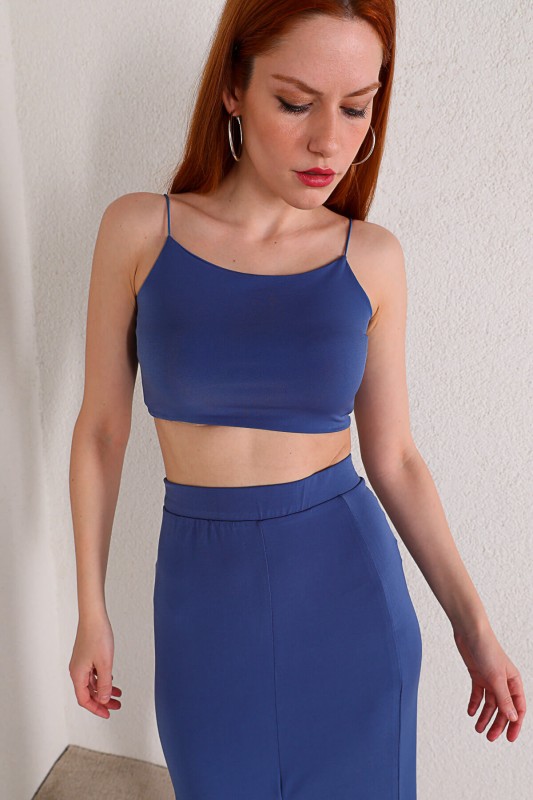 TKM-03287 Mavi Yırtmaçlı Lastikli Kalem Etek Crop İkili Takım