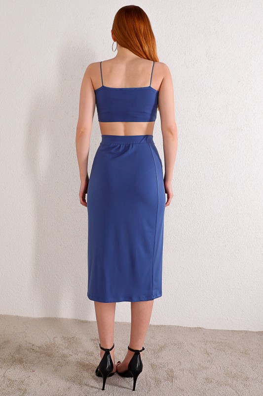 TKM-03287 Mavi Yırtmaçlı Lastikli Kalem Etek Crop İkili Takım