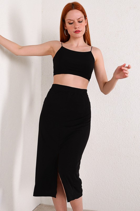 TKM-03287 Siyah Yırtmaçlı Lastikli Kalem Etek Crop İkili Takım